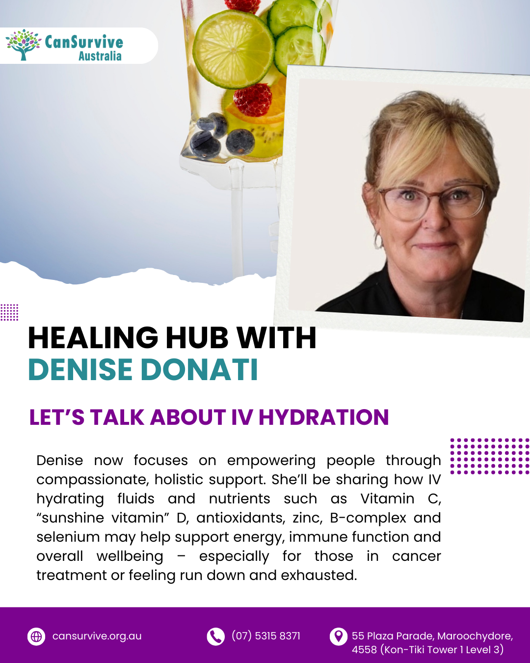 Denise Donati from IV Health Sunshine Coast speaking at the CanSurvive Healing Hub event.