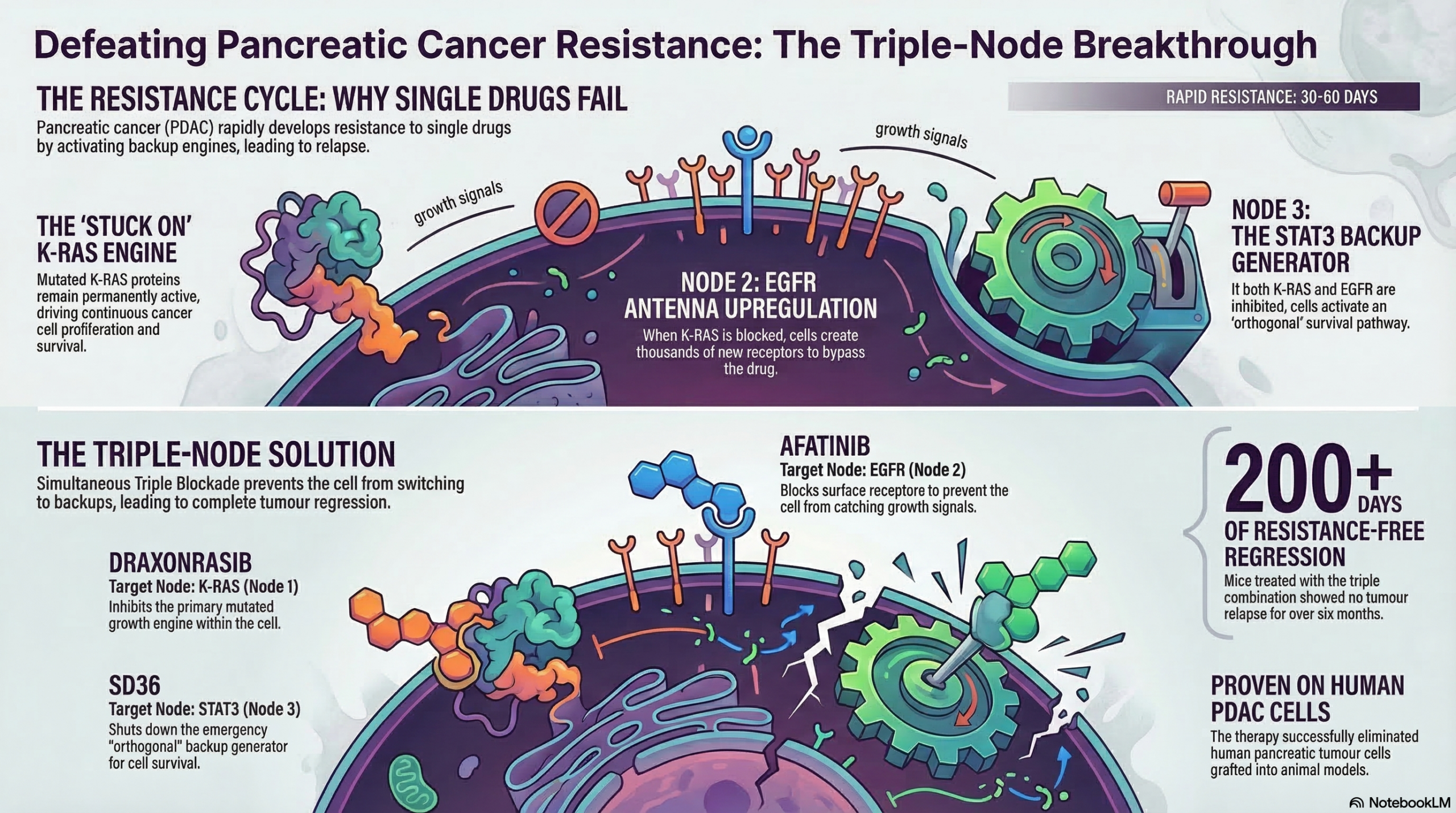 Infographic showing the triple-node breakthrough for defeating pancreatic cancer resistance