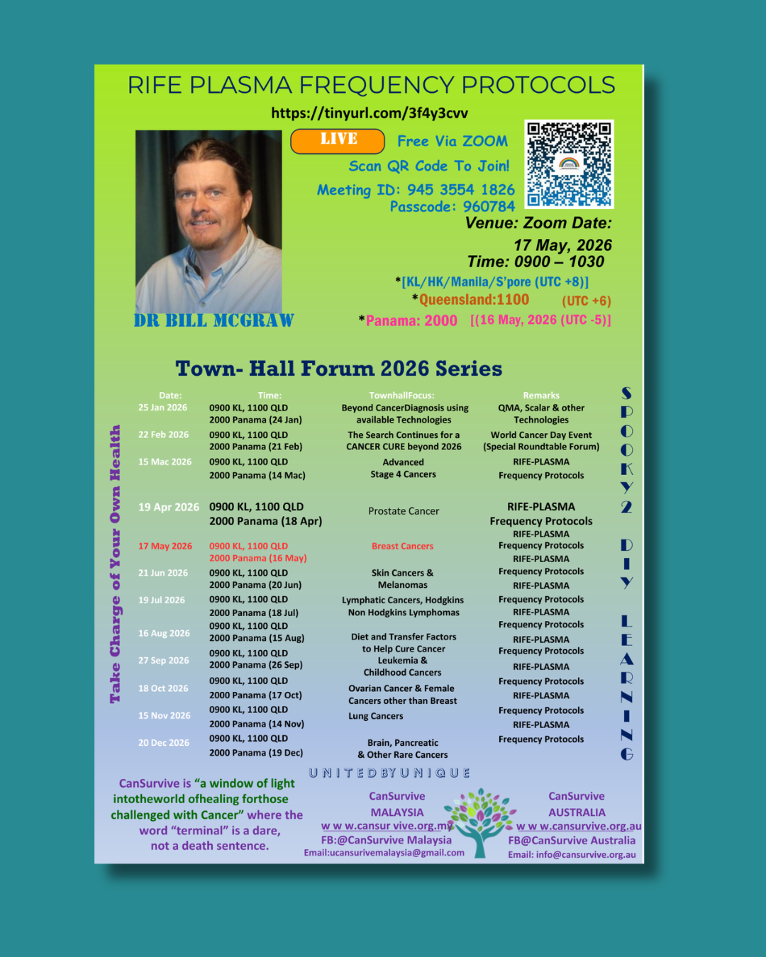 Dr. Bill McGraw Town Hall Forum flyer for Rife Plasma Frequency Protocols for Breast Cancer May 2026."