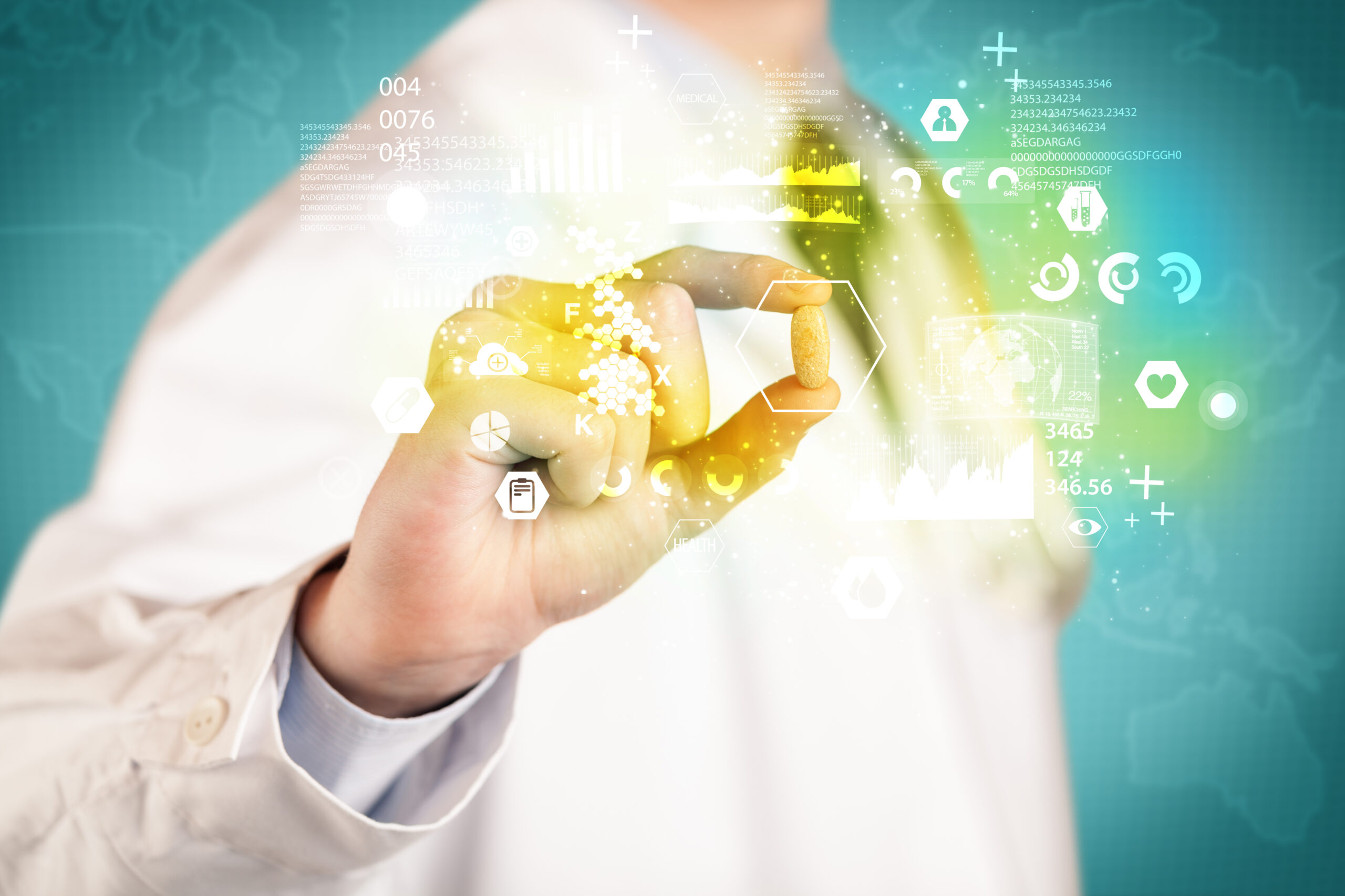 Medical professional in white coat examining blood test vial with digital data overlay symbolizing precision oncology and liquid biopsy technology