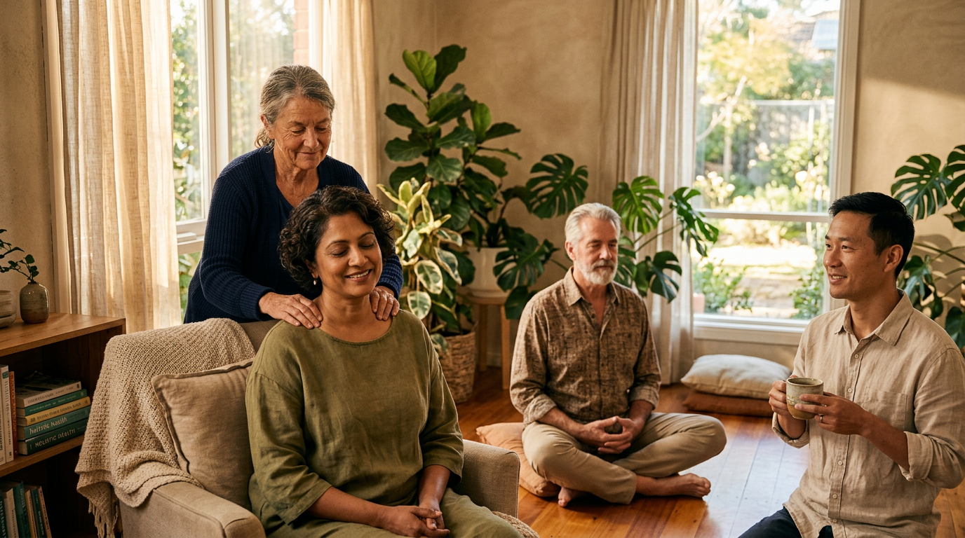 Four adults of diverse ages and ethnicities engaged in complementary therapies for cancer support in a warm sunlit wellness centre