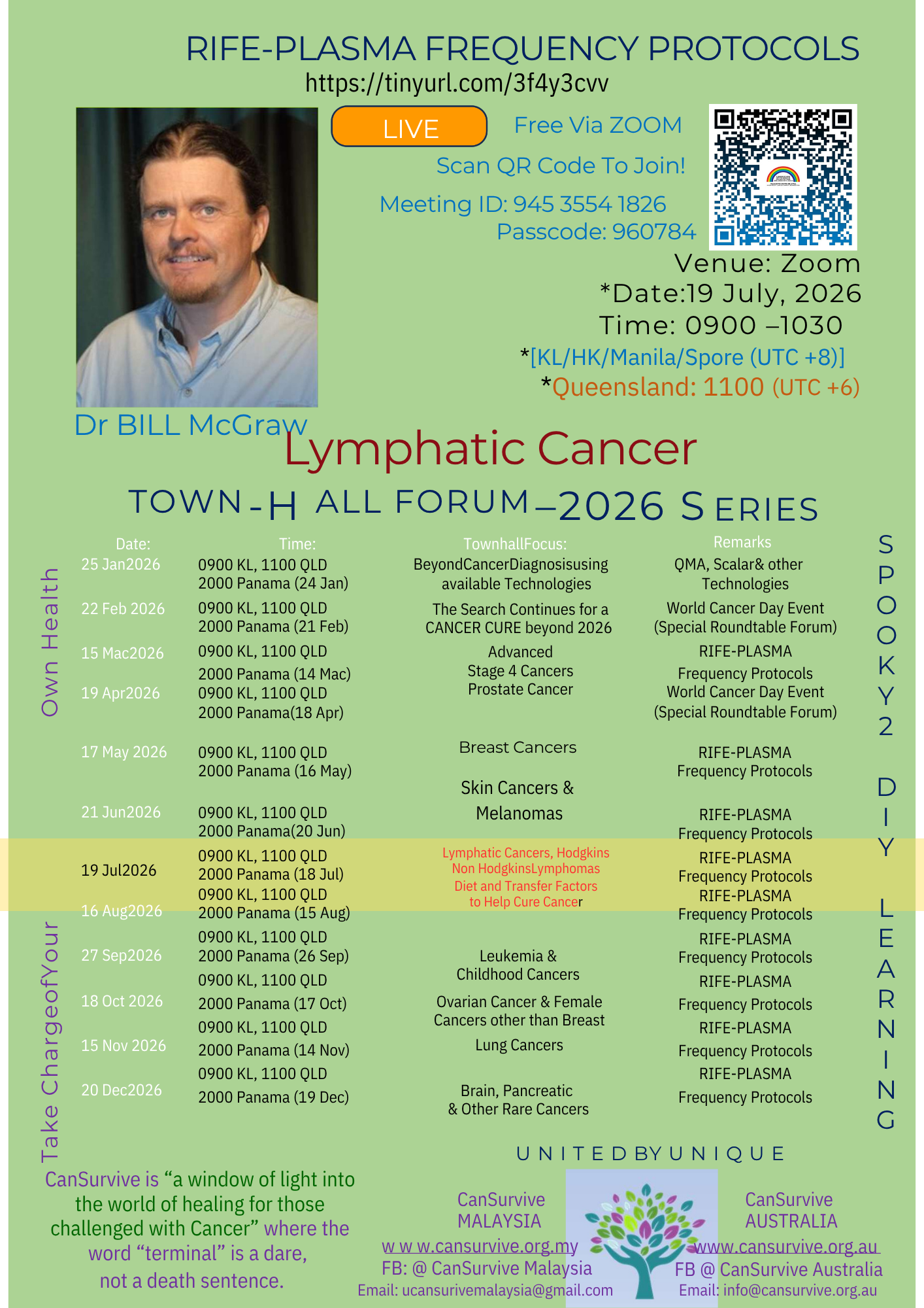 Promotional flyer for the CanSurvive Town-Hall Forum 2026 Series. Features a photo of presenter Dr Bill McGraw alongside event details for the 19 July Zoom session on Rife Plasma Frequency Protocols for Lymphatic Cancer, Hodgkins and Non Hodgkins Lymphomas. Includes a full 2026 schedule table with the July session highlighted, and logos for CanSurvive Malaysia and CanSurvive Australia.