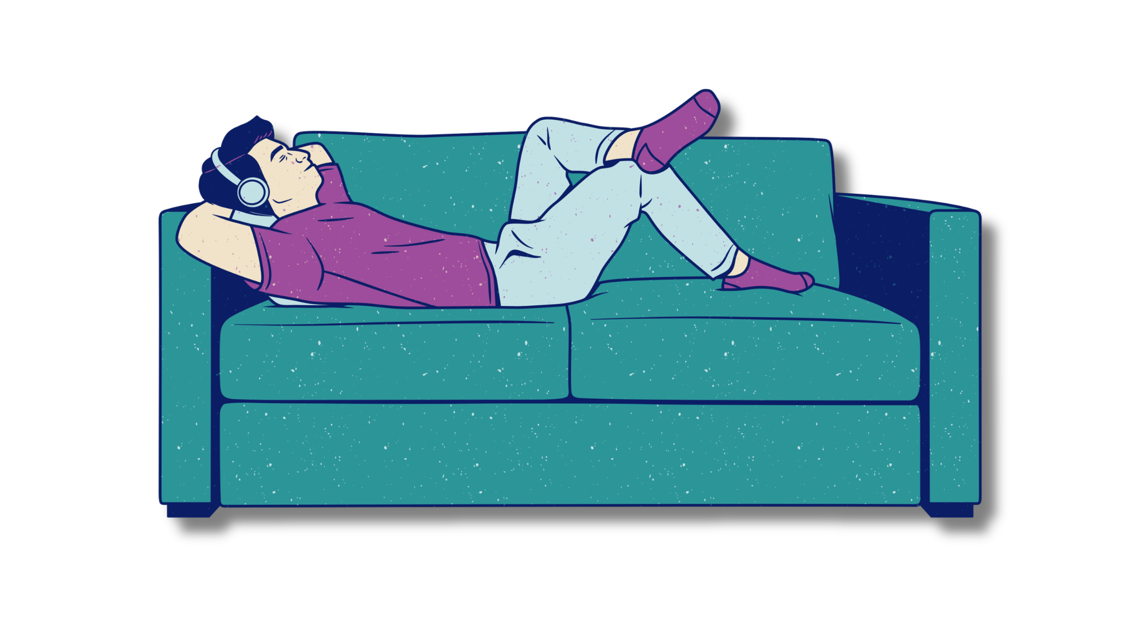 An illustrated figure lies relaxed on a teal sofa wearing headphones, eyes closed, in a posture of deep rest and calm.