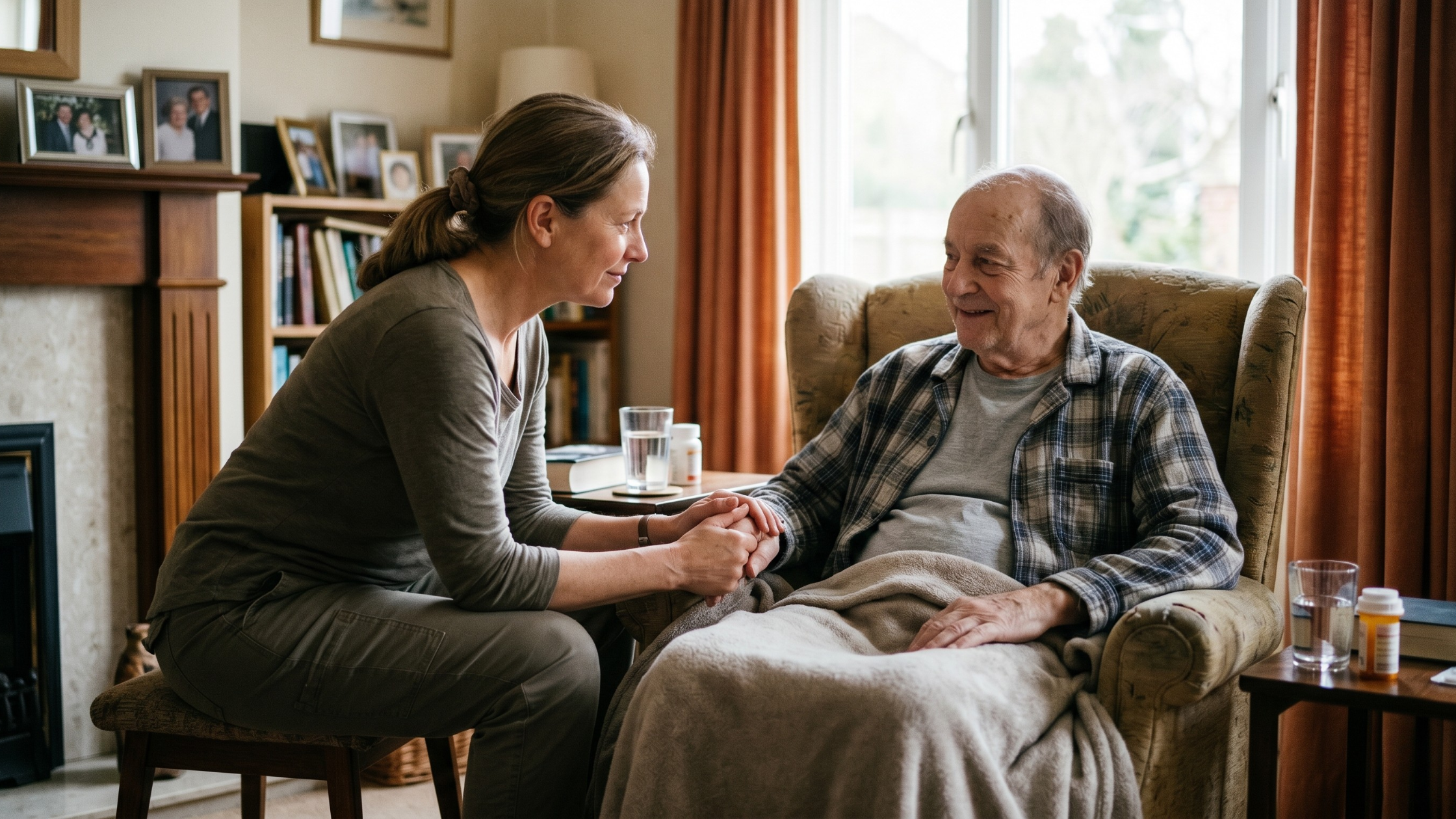 A woman sits beside an elderly man in an armchair at home, holding his hands in a moment of quiet care and connection.