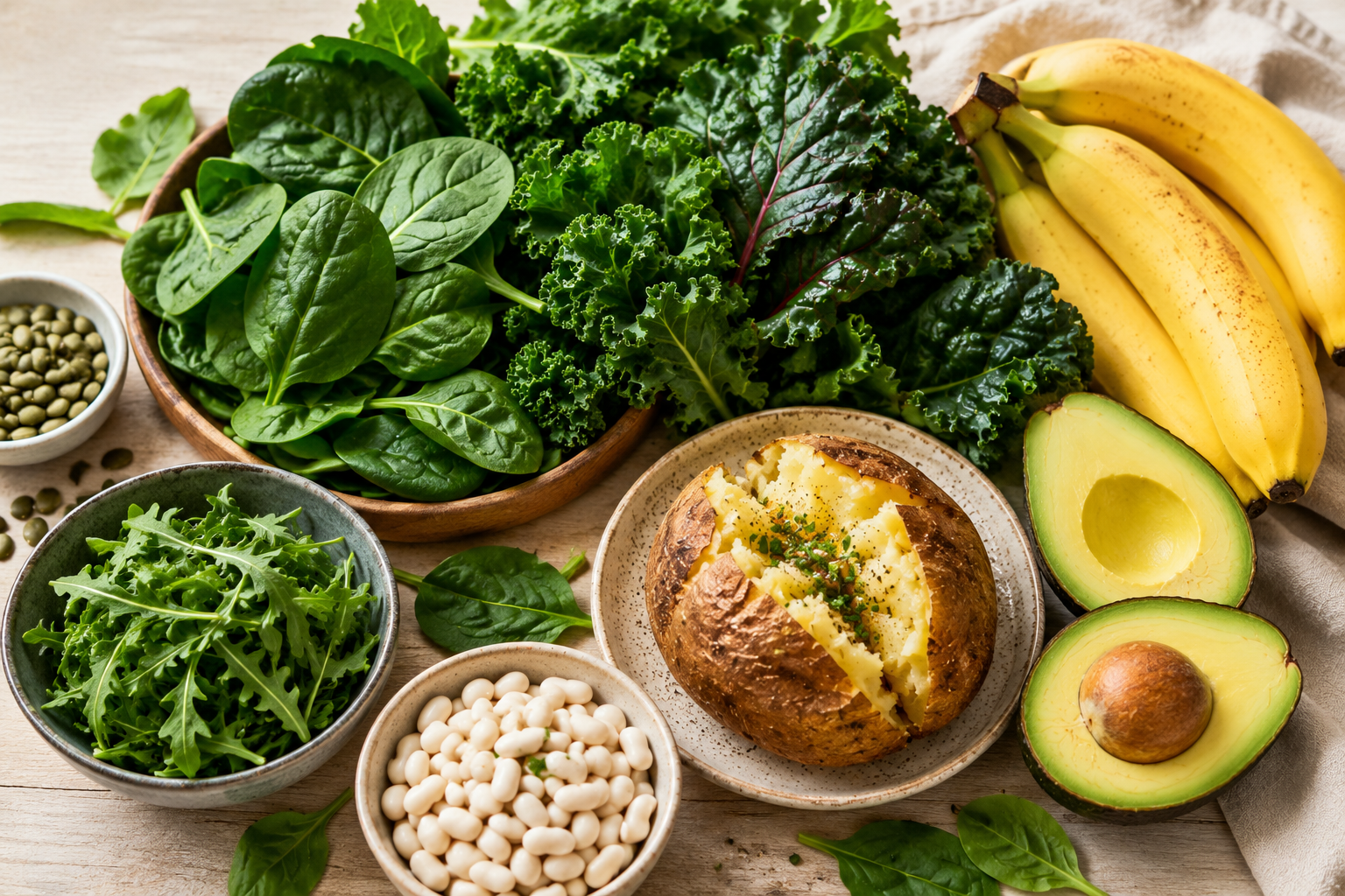 Potassium-rich foods including leafy greens, baked potato, avocado and banana