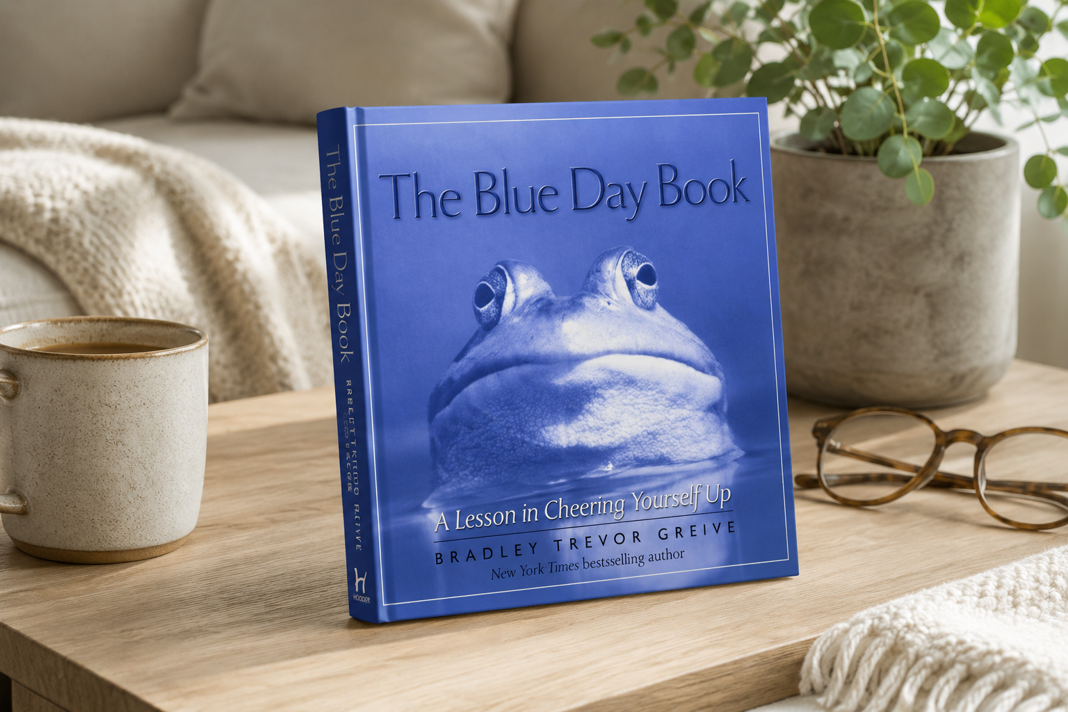 The Blue Day Book by Bradley Trevor Greive on a wooden table, blue cover with a close-up frog photograph, subtitle "A Lesson in Cheering Yourself Up," styled in a cosy home setting.