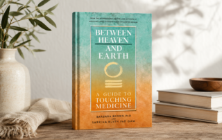 Between Heaven and Earth: A Guide to Touching Medicine by Barbara Brown PhD and Sabrina Blyth PhD OAM. Book cover with turquoise-to-orange gradient displayed on a wooden surface with a cream ceramic pot, green foliage, and stacked books, styled with natural light and coastal minimalist décor.