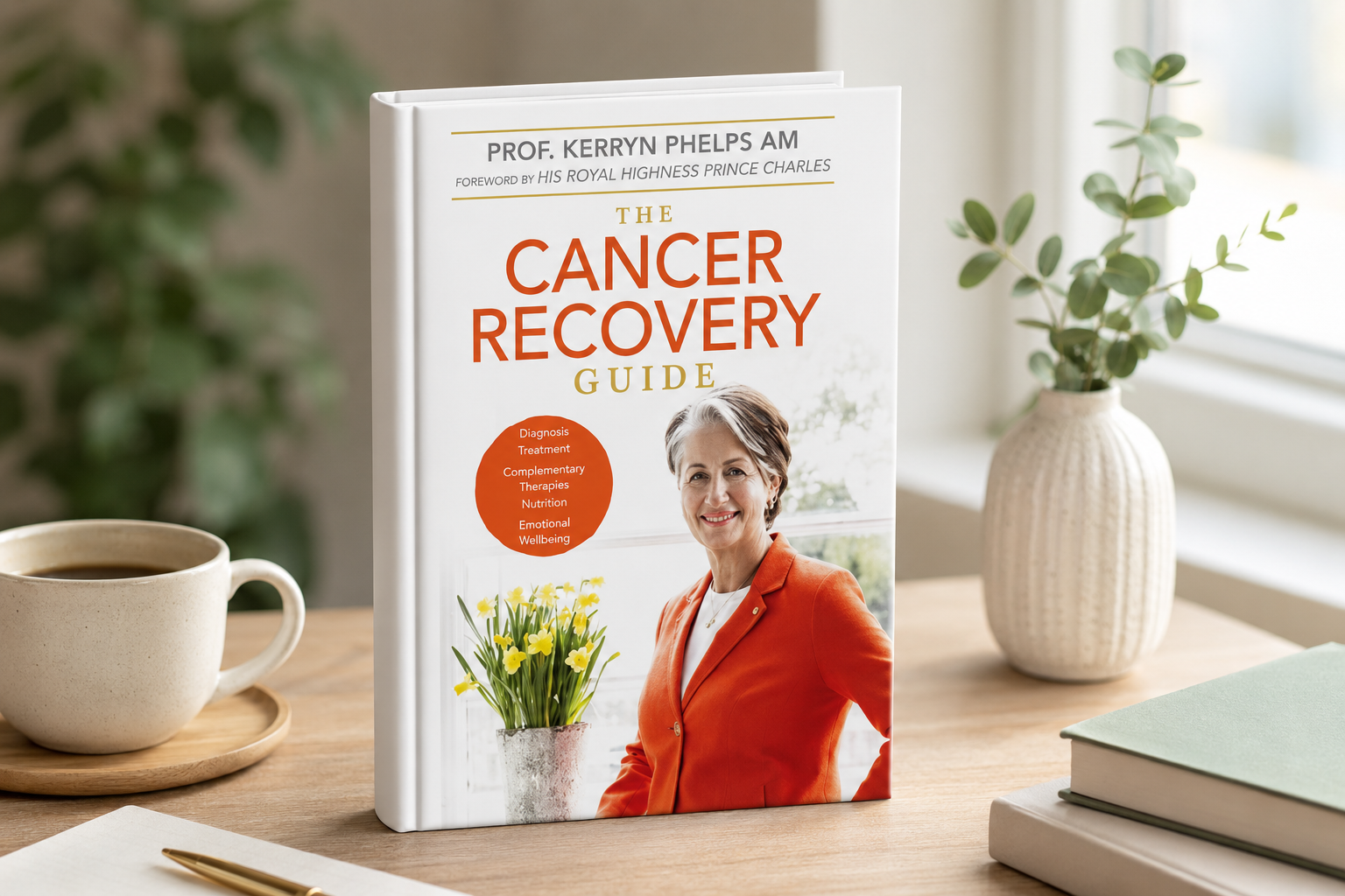 The Cancer Recovery Guide by Professor Kerryn Phelps AM book cover, featuring the author in a red blazer with daffodils and a coffee cup.