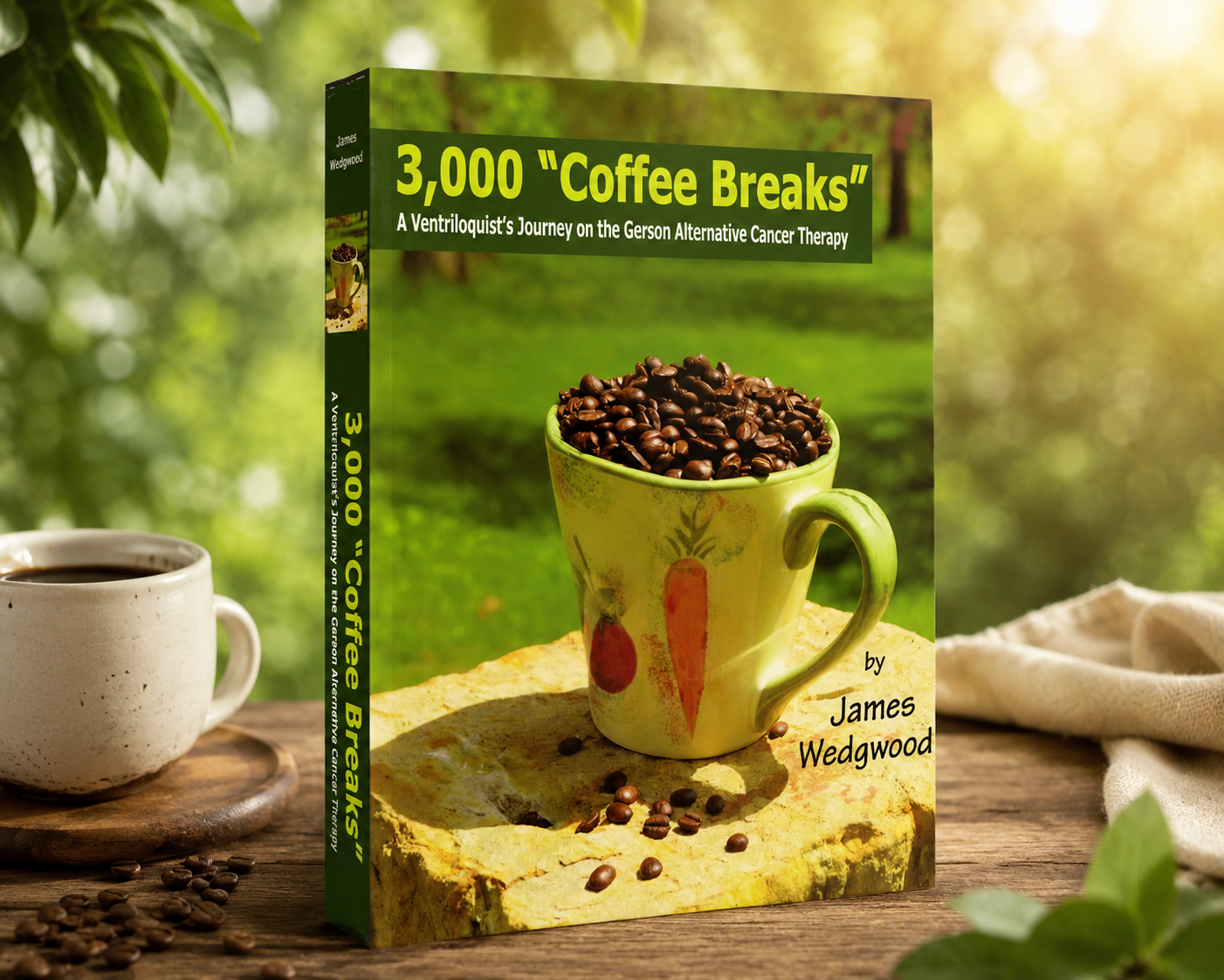 Book cover for "3,000 Coffee Breaks" by James Wedgwood, featuring a bright yellow coffee mug filled with coffee beans on a wooden surface scattered with coffee beans. Blurred green garden background. Subtitle reads "A Ventriloquist's Journey on the Gerson Alternative Cancer Therapy."