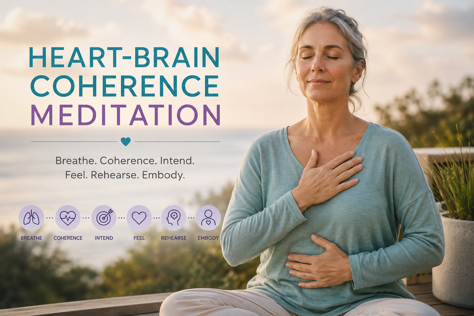 Woman practising heart-brain coherence meditation with one hand on her heart and one on her abdomen in a calm coastal setting.